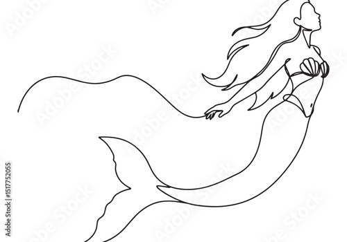 Elegant continuous line drawing of a mermaid with flowing hair a