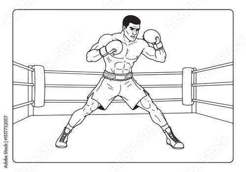 Male Boxer in Ring Ready to Fight Black and White Coloring Book