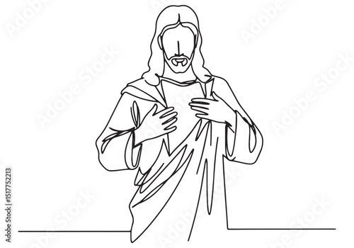 Minimalist continuous line drawing of a man with hands on chest