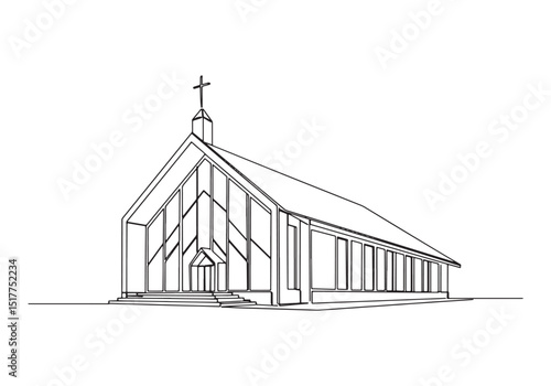 Modern Church Building in Continuous Line Drawing Style Illustra