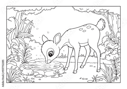 Charming Coloring Book Illustration of a Young Deer Drinking Wat