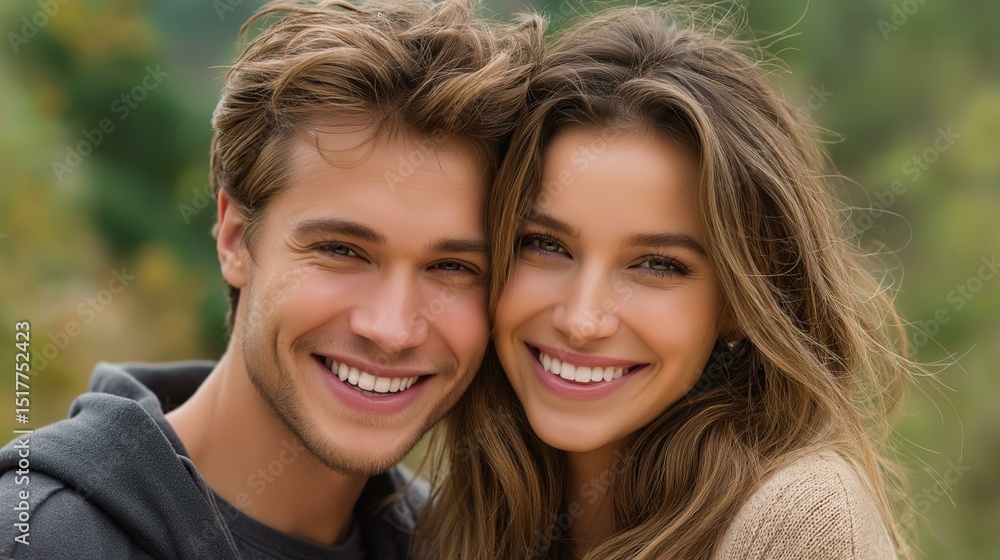 Obraz premium Happy couple enjoying each other's company in a natural setting, smiling joyfully.