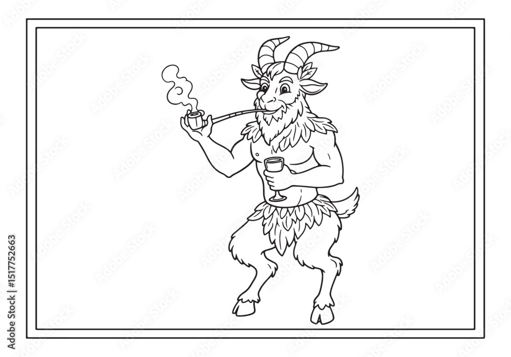 Fototapeta premium Vintage Coloring Page of a Male Satyr Smoking Pipe and Drinking