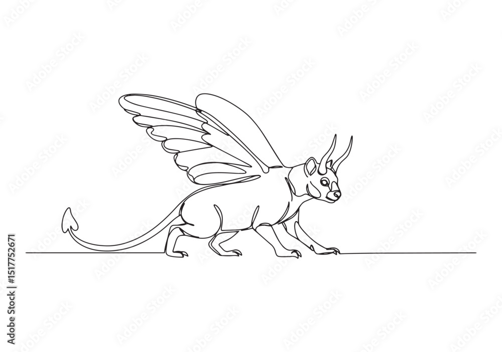 Fototapeta premium Continuous Line Drawing of a Beelzebufo Creature with Wings and