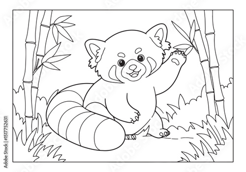 Adorable Red Panda Cub in a Coloring Book Style Illustration wit