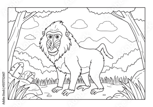 Detailed mandrill in jungle coloring page for creative activitie