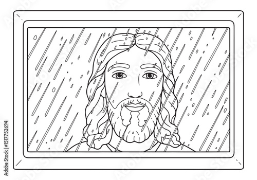 Line art depiction of Jesus Christ in a framed coloring book sty