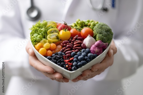 Fototapeta Naklejka Na Ścianę i Meble -  Doctor holds heart-shaped bowl of colorful fruits and vegetables