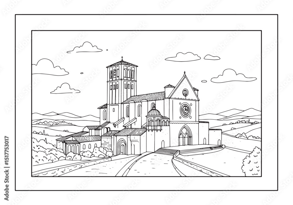 Fototapeta premium Delicate line drawing of The Basilica of Saint Francis of Assisi