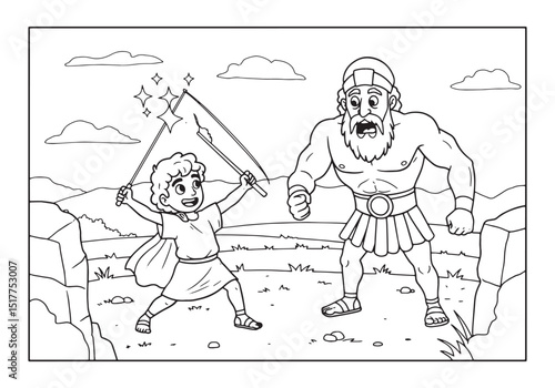 David and Goliath Coloring Page, A Classic Bible Story Illustrat