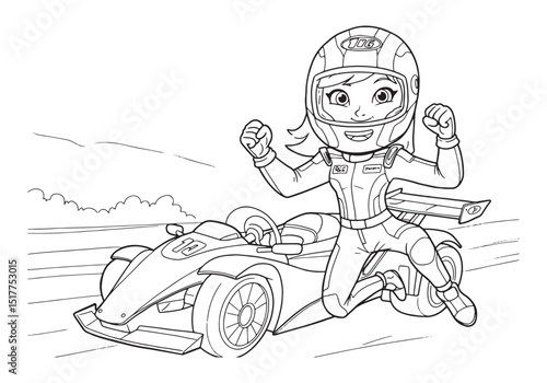 Empowering Coloring Page, Female Racer Celebrating Victory with