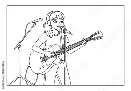 Illustration of female musician playing guitar in black and whit