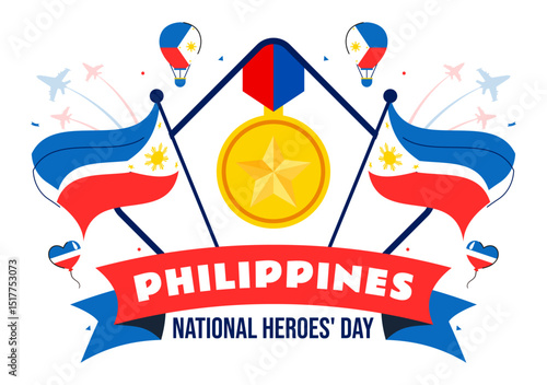 Philippines Heroes Day Vector Illustration to Commemorate and Honor National Heroes with a Waving Flag and Ribbon for a Patriotic Holiday Celebration
