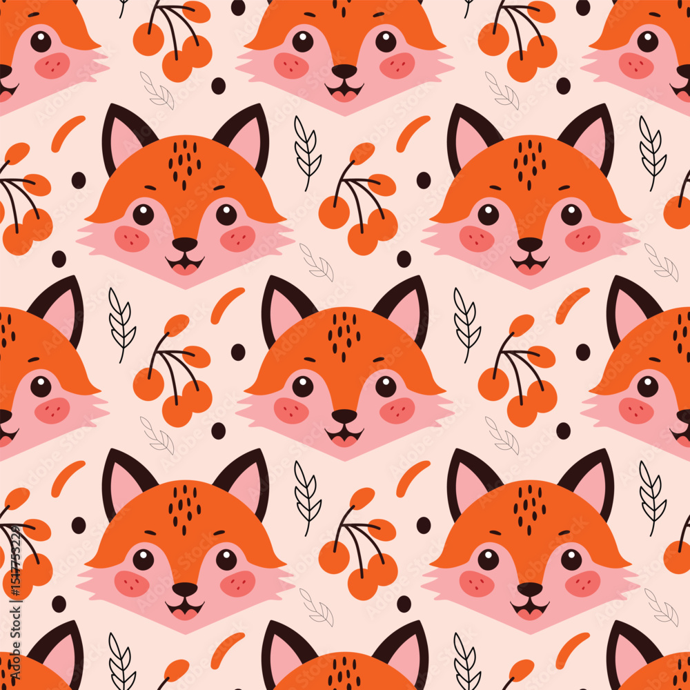 Seamless vector pattern featuring adorable fox faces with cherries, leaves, and playful shapes on a pastel background. Perfect for kids designs, textile prints, wrapping paper, and nursery decor