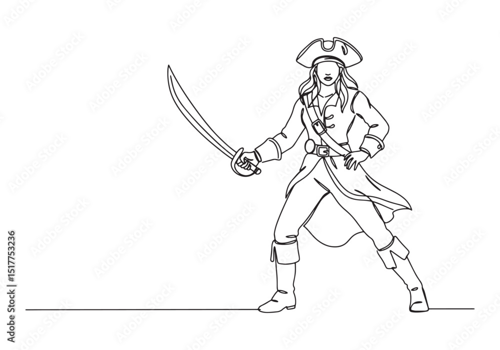 Fototapeta premium Continuous Line Drawing of a Female Pirate with Sword Illustrati