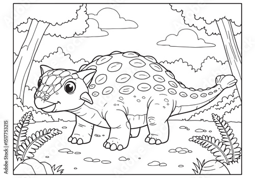 Adorable Ankylosaurus in a playful coloring book scene illustrat