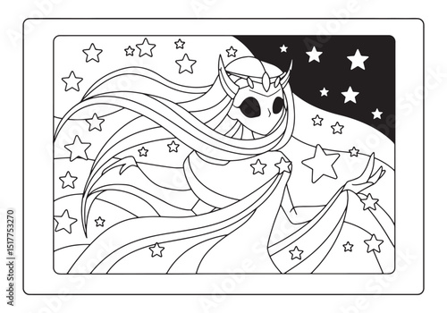 Nyx, the goddess of night, in a coloring book style illustration