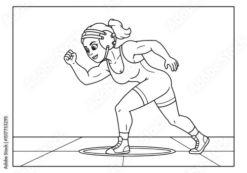 Empowering female wrestler poised for action in a coloring book