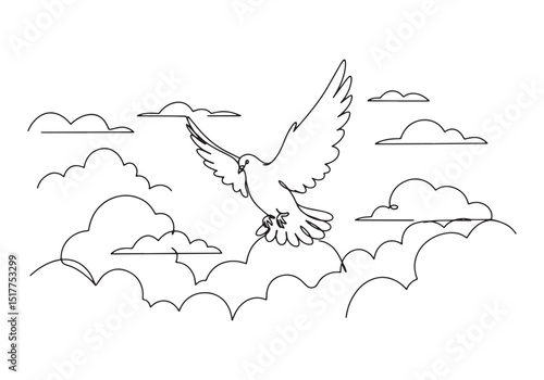 Elegant descending dove in continuous line art amidst fluffy clo
