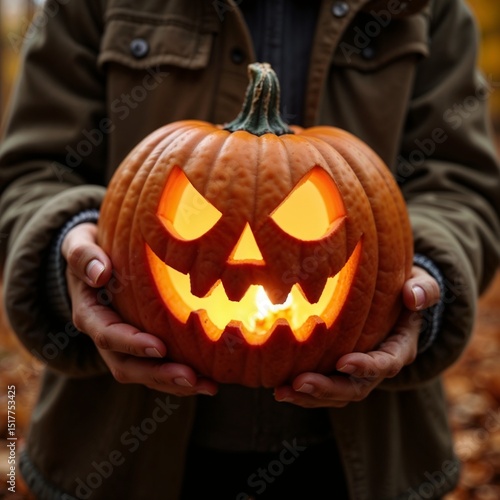  Hands holding glowing Jack-o'-lantern pumpkin with carved face in dark clothing