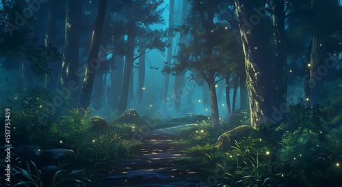 Mystical forest with fog and autumn leaves, forest background