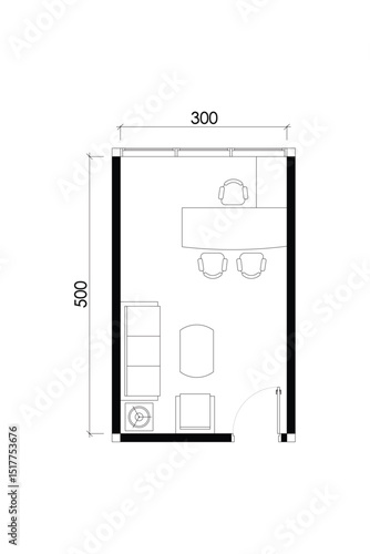 2 dimension furniture layout design of home office, line black isolated on white background. Set 6