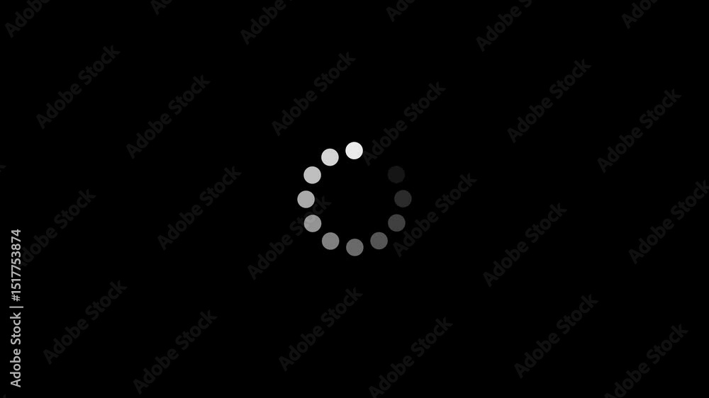 A circular loading icon comprised of progressively shaded gray and white circles against a pure black background.counting from 0 to 100%, Buffering circle A circular loading icon comprised of progressively shaded gray and white circles against a pure black background.counting from 0 to 100%, Buffering circle