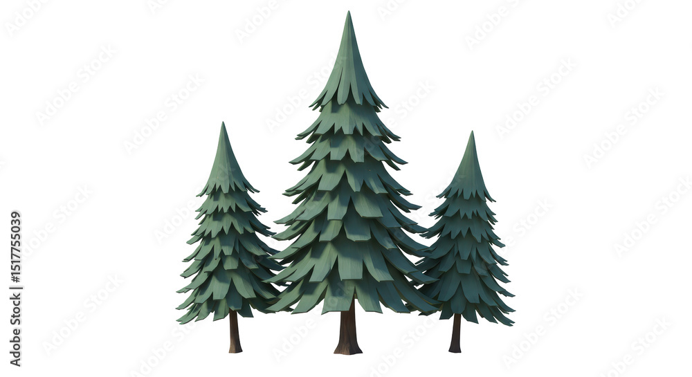Isolated Three Stylized Pine Trees on White Background Isolated Three Stylized Pine Trees on White Background
