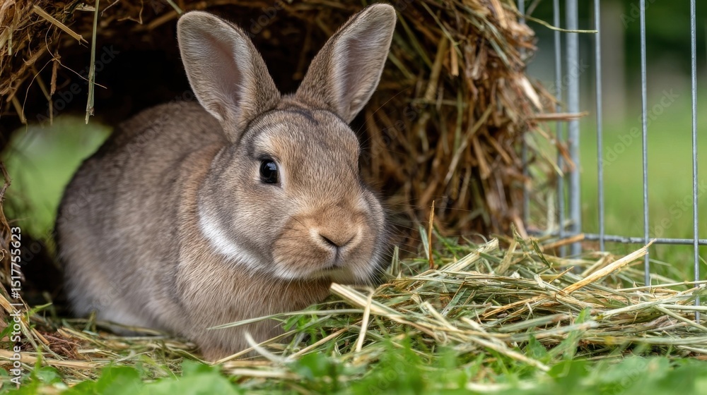 Fototapeta premium A brown and white rabbit sits at the entrance of a hay-filled burrow near a wire fence.