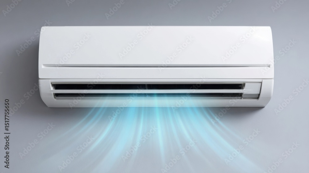 White air conditioner on a gray wall, blowing cool air. White air conditioner on a gray wall, blowing cool air.