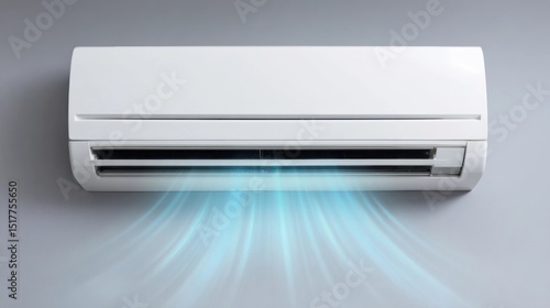White air conditioner on a gray wall, blowing cool air.