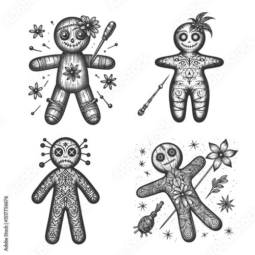 voodoo dolls with stitched faces and piercing pins Set collection bundle sketch engraving generative ai vector illustration. Scratch board imitation. Black and white image.