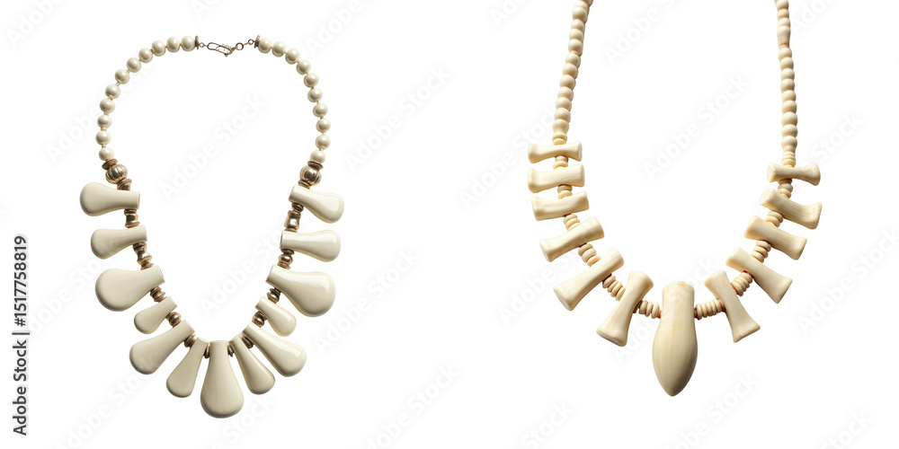 Obraz premium Handmade bone and bugle necklaces for women displayed against a transparent background featuring a unique design and distinct color variations in the beads.