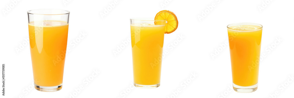 Fototapeta premium Variety of orange juice glasses including tall, short, and decorated with orange slice on transparent background, emphasizing freshness and vibrant color