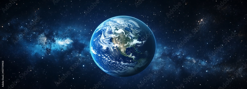Fototapeta premium A blue Earth in space with stars and galaxies