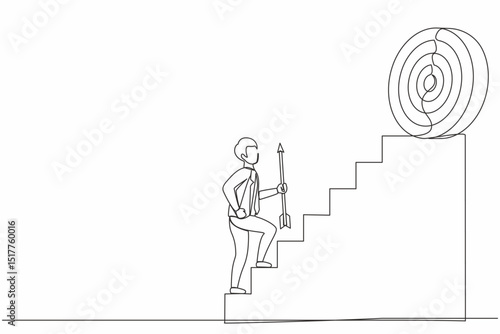 Single continuous line drawing businessman holding arrow running up stairway to high target. Business concept growth and path to success. Career path. One line draw graphic design vector illustration