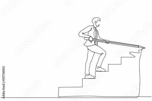Single continuous line drawing young businessman use huge pencil to draw rising up stairs, walk climbing up ladder. Strategy reach business target, career path achievement. One line draw design vector