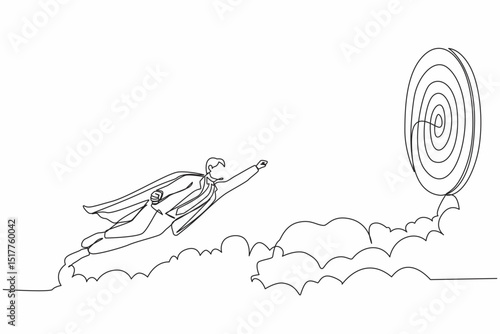 Continuous one line drawing superhero businessman in cloak flying up to target. Business success, leadership, professionalism, goal achievement. Single line draw design vector graphic illustration