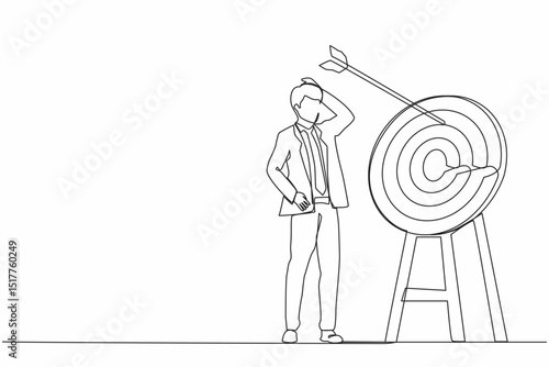 Continuous one line drawing young ambition businessman arrow missed at the target. Failed hit archery target. Business challenge failure metaphor. Single line draw design vector graphic illustration