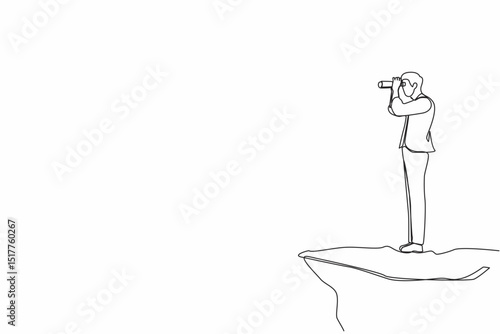 Single continuous line drawing businessman looking in binoculars standing on cliff. Business vision concept, leadership, achievement, target. Dynamic one line draw graphic design vector illustration