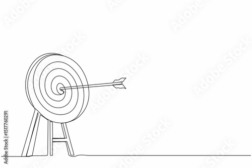 Single continuous line drawing archery target ring with arrows hitting bullseye. Dartboard on tripod. Goal achieving. Business success strategy symbol. One line draw graphic design vector illustration