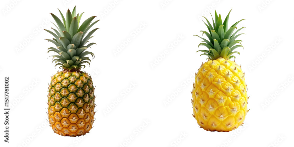 Closeup of whole pineapple displaying textured skin and green crown isolated on transparent background in studio lighting environment Closeup of whole pineapple displaying textured skin and green crown isolated on transparent background in studio lighting environment