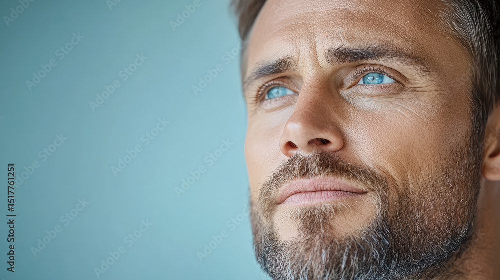 Obraz premium Calm man gazing into distance with thoughtful expression and striking blue eyes
