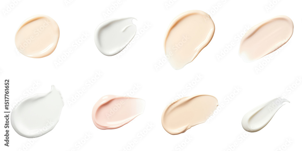 Fototapeta premium Various cream samples in different shades and textures displayed on a transparent background, isolated cosmetic products arranged in an organized layout for visual clarity.