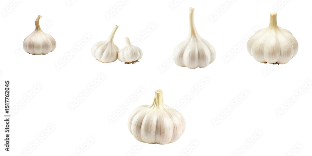 Collection of garlic bulbs displayed on a transparent background featuring various sizes and shapes of garlic isolated for culinary or botanical use Collection of garlic bulbs displayed on a transparent background featuring various sizes and shapes of garlic isolated for culinary or botanical use