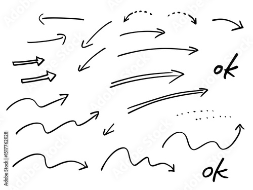 手描きの矢印のバリエーション、太いサインペンで描いた伸び伸びとした線