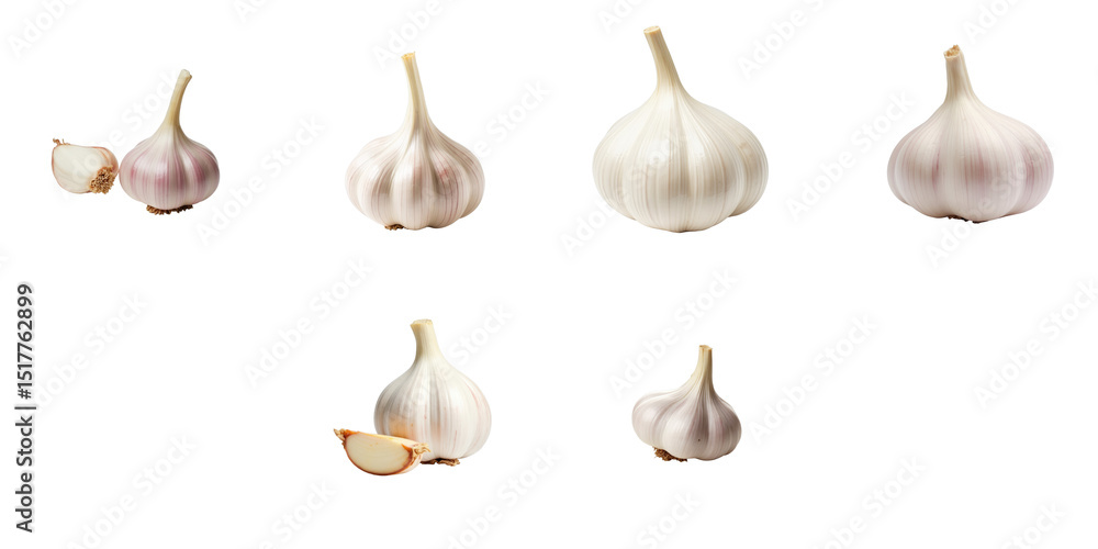 garlic bulb and cloves collection isolated on transparent background various angles showcasing the natural texture and color of garlic in studio lighting garlic bulb and cloves collection isolated on transparent background various angles showcasing the natural texture and color of garlic in studio lighting