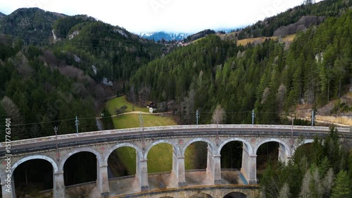 Kalte Rinne viaduct, Semmering Railway, Austria. Drone footage. 