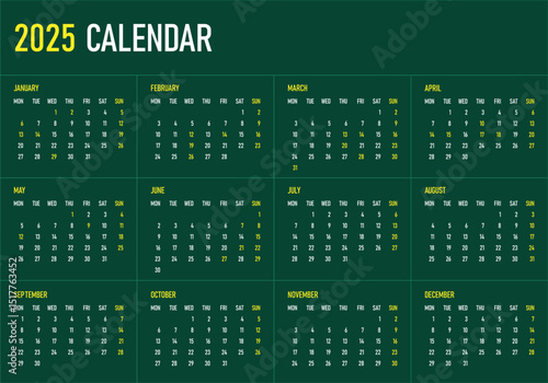 2025 Calendar. Monday first, two weekends. Simple calender layout. Desk planner template with 12 months. Yearly diary.