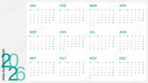 Calendar 2026 year - vector illustration. Week starts on Monday. Calendar Set for 2026 year. Calendar 2026 week start Monday corporate design template vector. Desk calendar 2026.